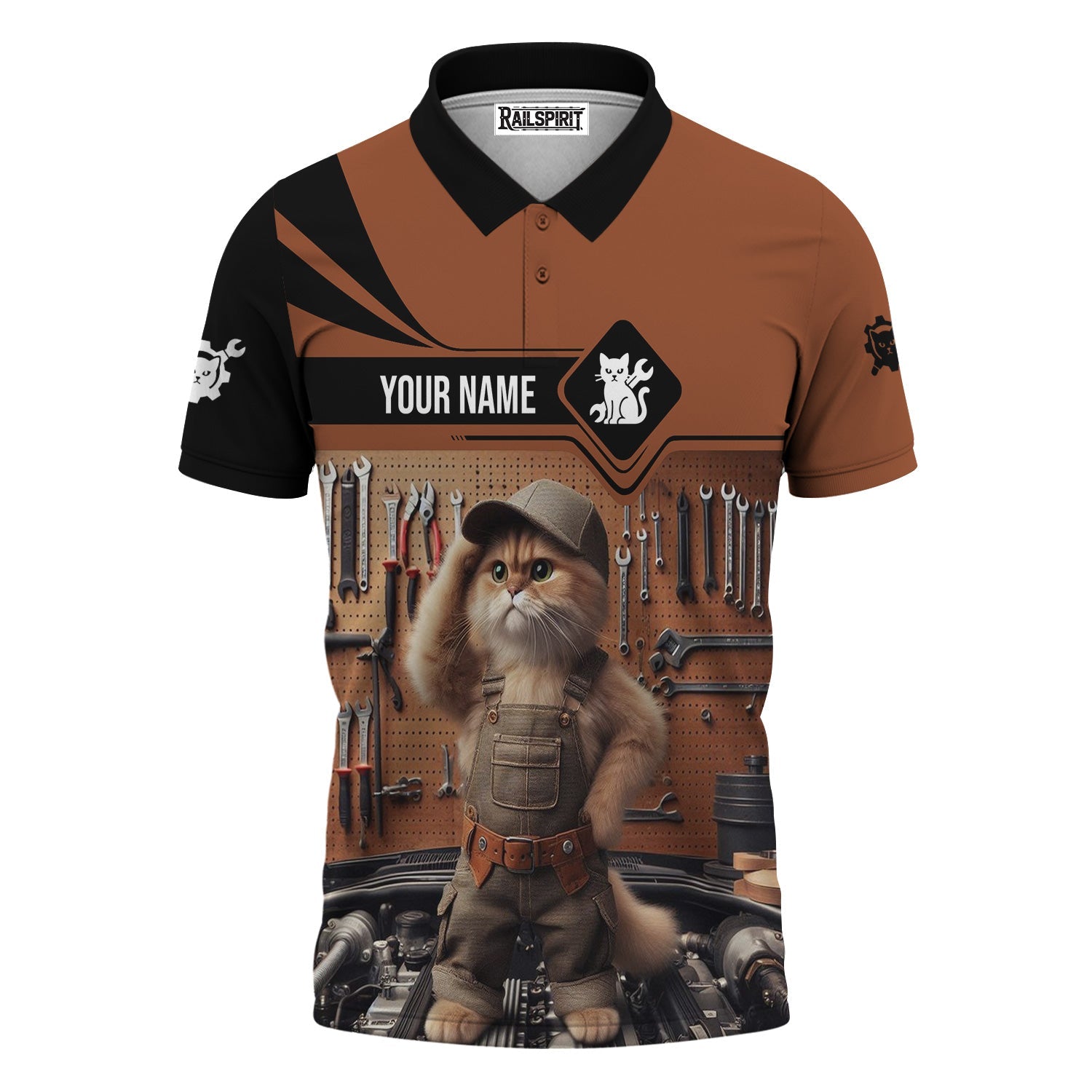 Blisscorners Custom Name Funny Mechanic Cat Wearing Uniform Shirt All Over Printed Mechanic T Shirt