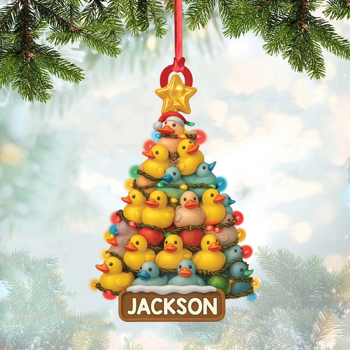 Blisscorners Personalized Funny Rubber Duck Acrylic Christmas Tree Ornament - Custom Name Xmas Decoration for Hunter or Family, Cute Holiday Ornament LM0411