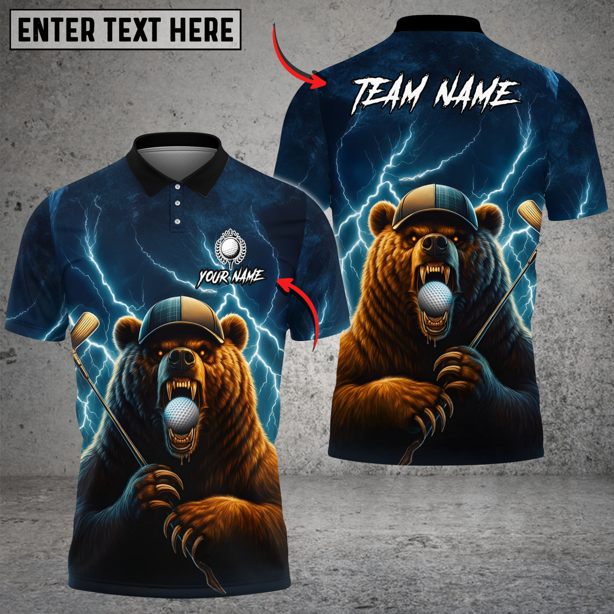 Blisscorners Thunder Bear Golf Polo Shirt, Customized Name & Team Name 3D Shirts (4 Colors)