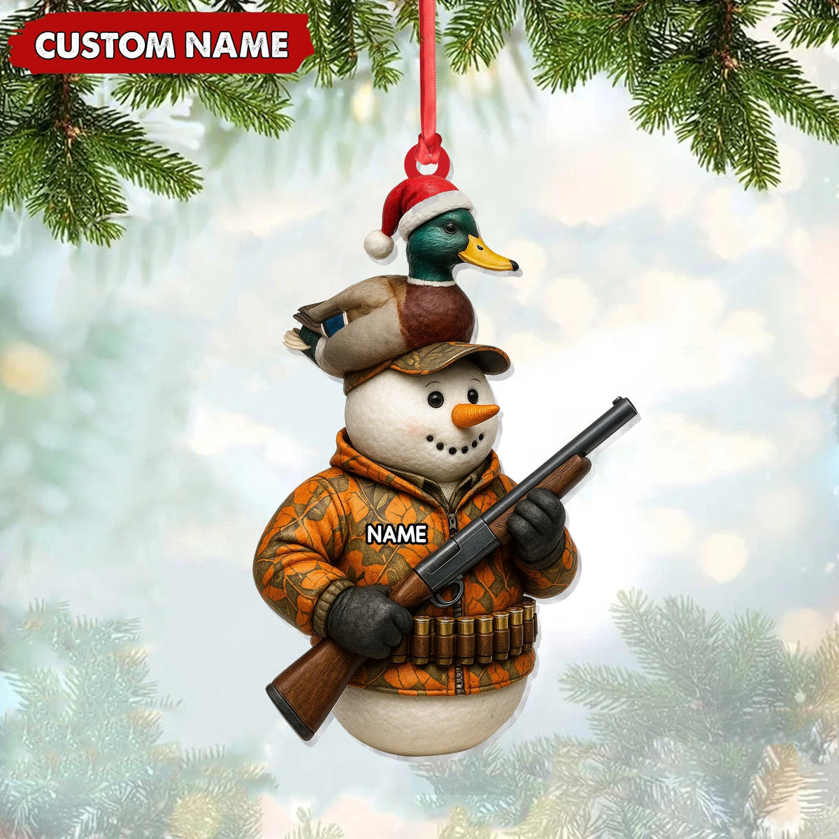 Blisscorners Personalized Duck Hunter Snowman Ornament, Custom Name Christmas Decoration for Hunters LM0411