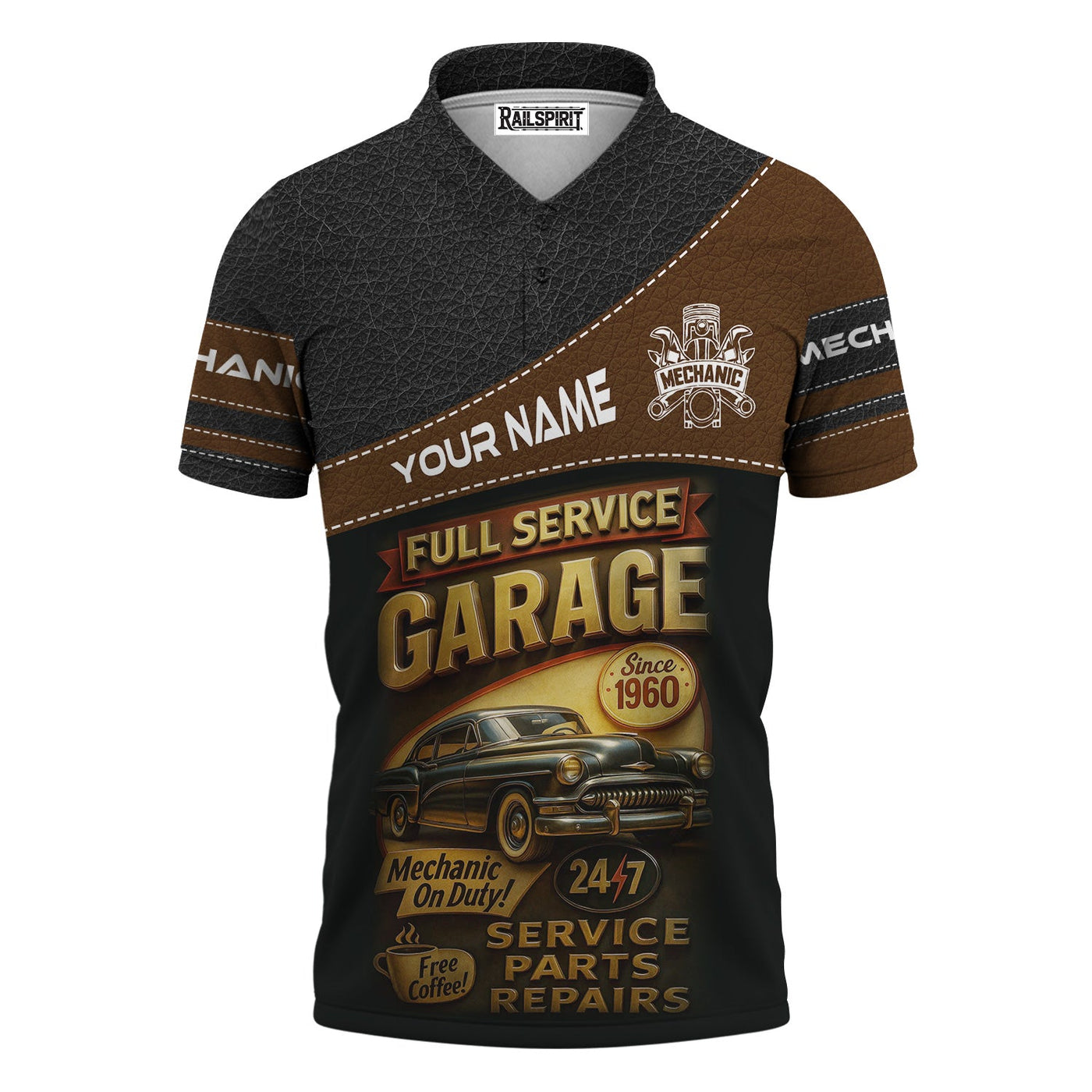 Blisscorners Personalized Mechanic Shirt, Full Service Garage Mechanic On Duty, Leather Printed Design, Custom Year, Gift For Men