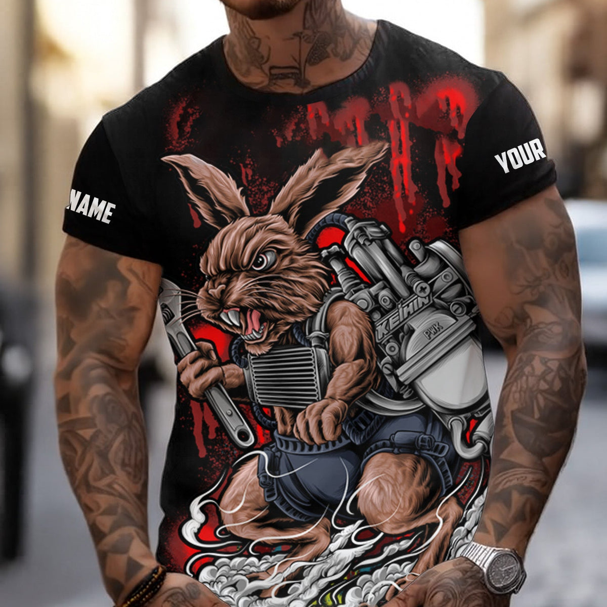 Blisscorners Custom Name Vintage Mechanic Rabbit Black Unisex Shirt All Over Print