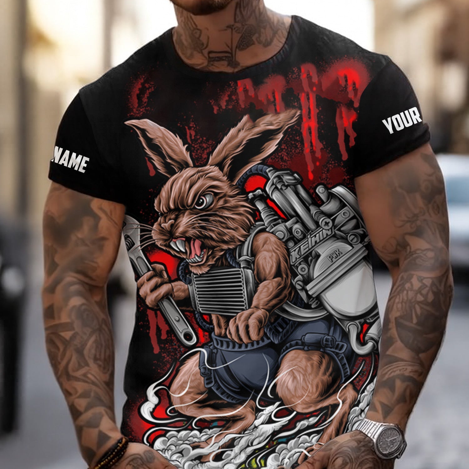 Blisscorners Custom Name Vintage Mechanic Rabbit Black Unisex Shirt All Over Print