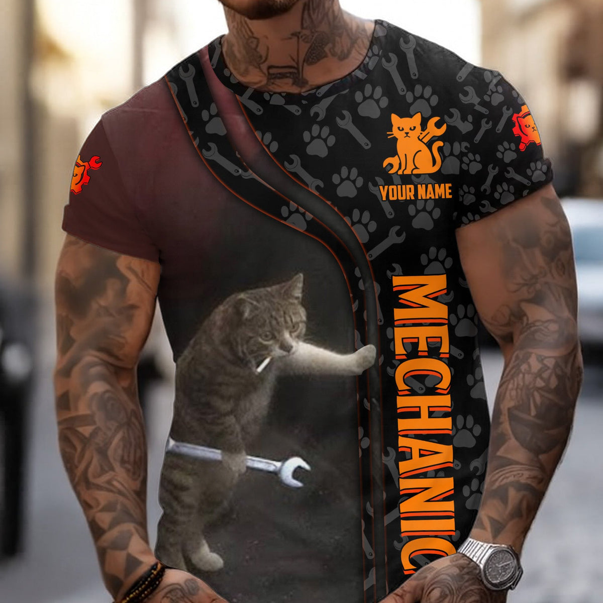 Blisscorners Custom Name Funny Cat Mechanic Shirt With Cat Paw And Wrench Hoodie Jacket For Mechanic