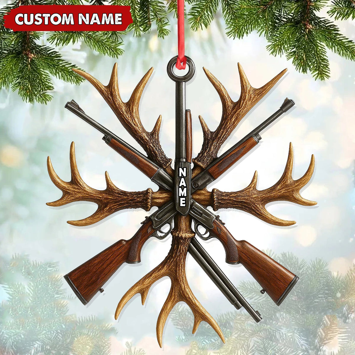 Blisscorners Custom Name Hunting Ornament, Antlers and Rifles Christmas Decor for Hunters LM0411