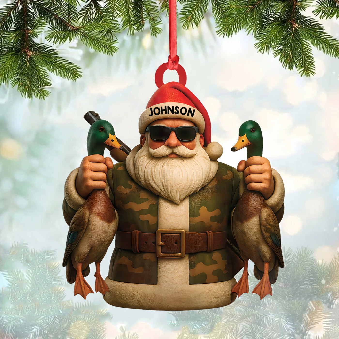 Blisscorners Personalized Duck Hunter Santa Acrylic Ornament - Funny Christmas Gift for Hunters - Custom Name Camo Decor LM0411