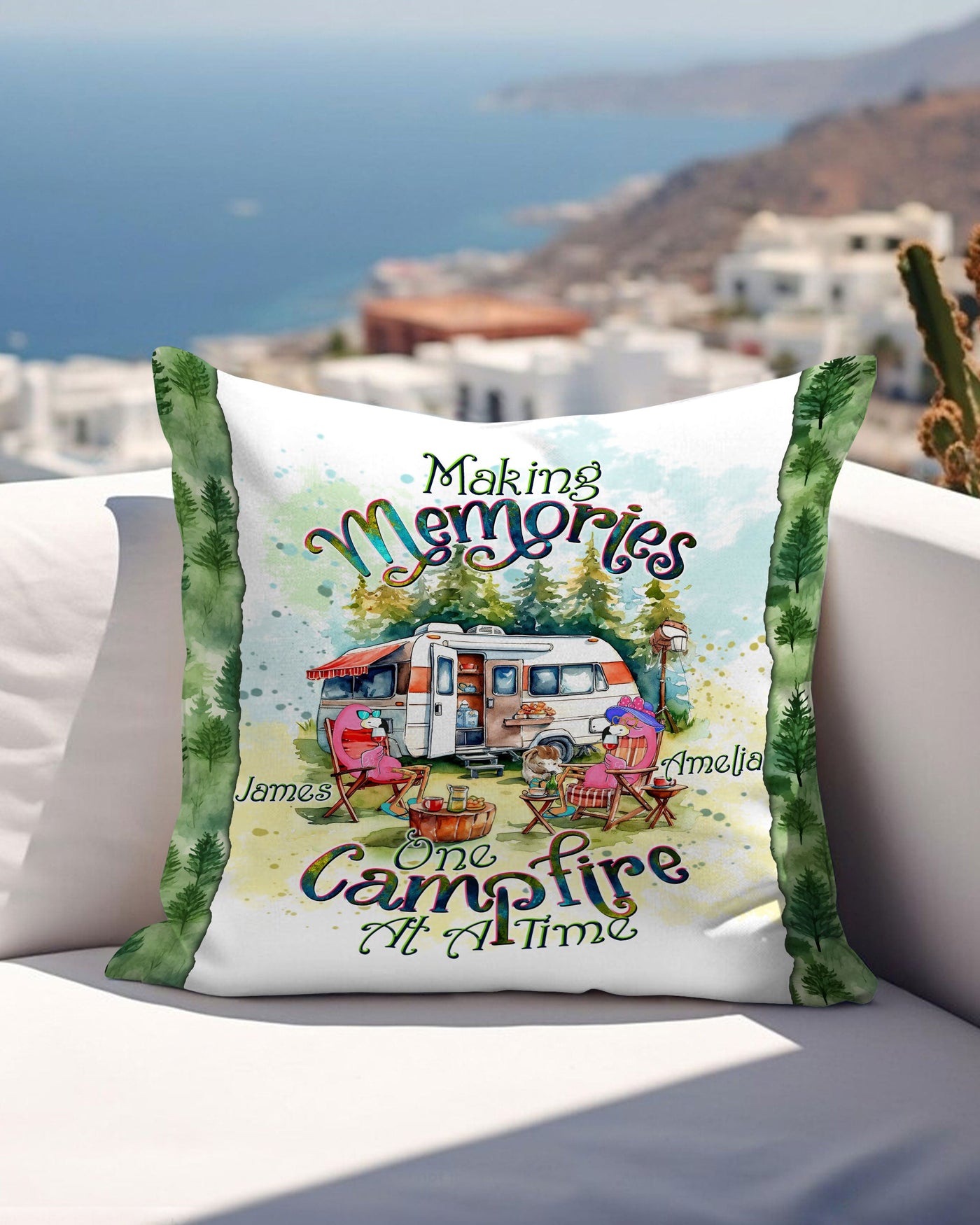 BLISSCORNERS PERSONALIZED MAKING MEMORIES ONE CAMPFIRE AT A TIME FLAMINGO PILLOW