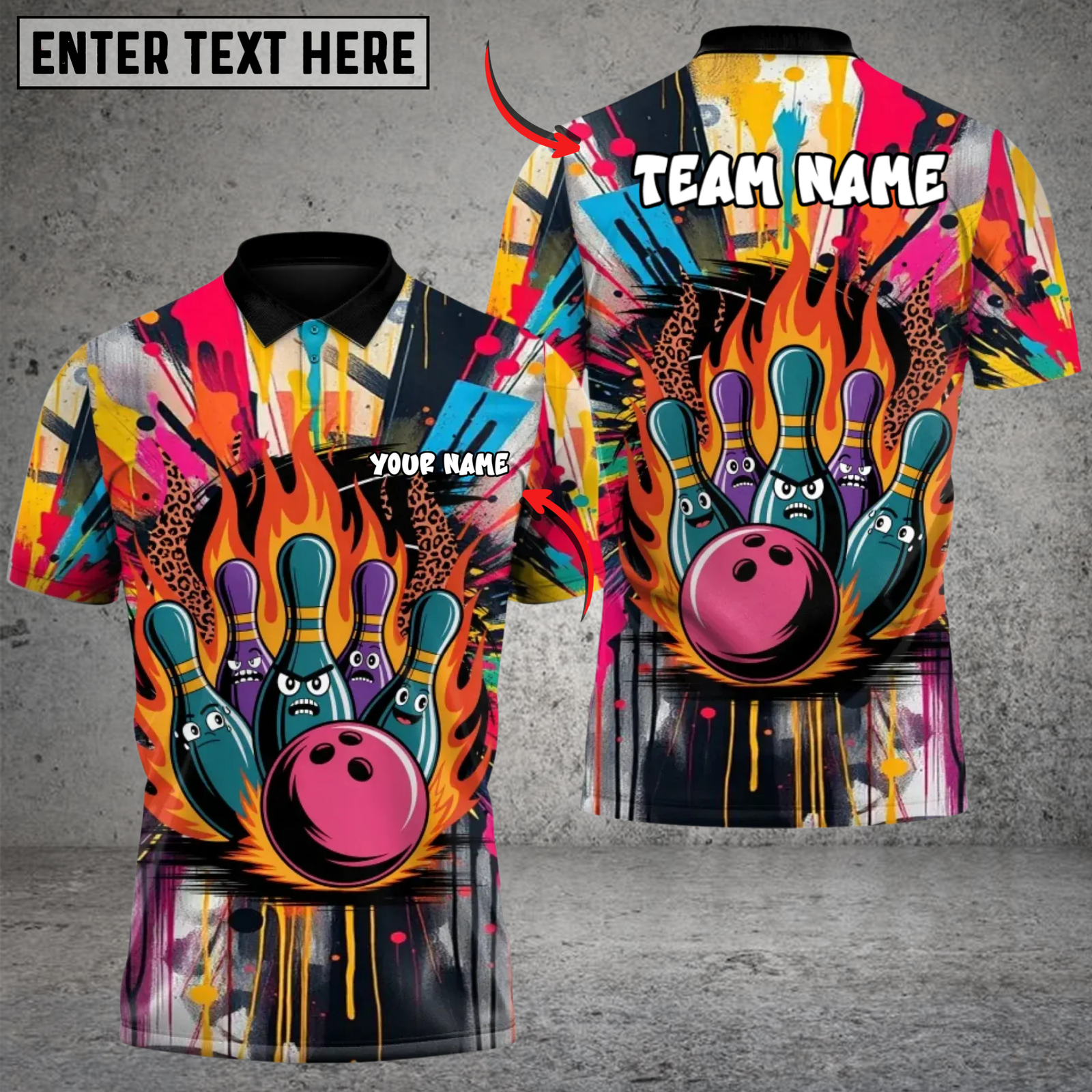 Blisscorners Flaming Squad Bowling Graffiti Color Burst Personalized Name 3D Unisex Shirt