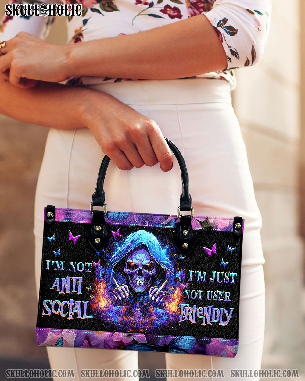 BLISSCORNERS I'M NOT ANTI-SOCIAL MAD REAPER SKULL LEATHER HANDBAG