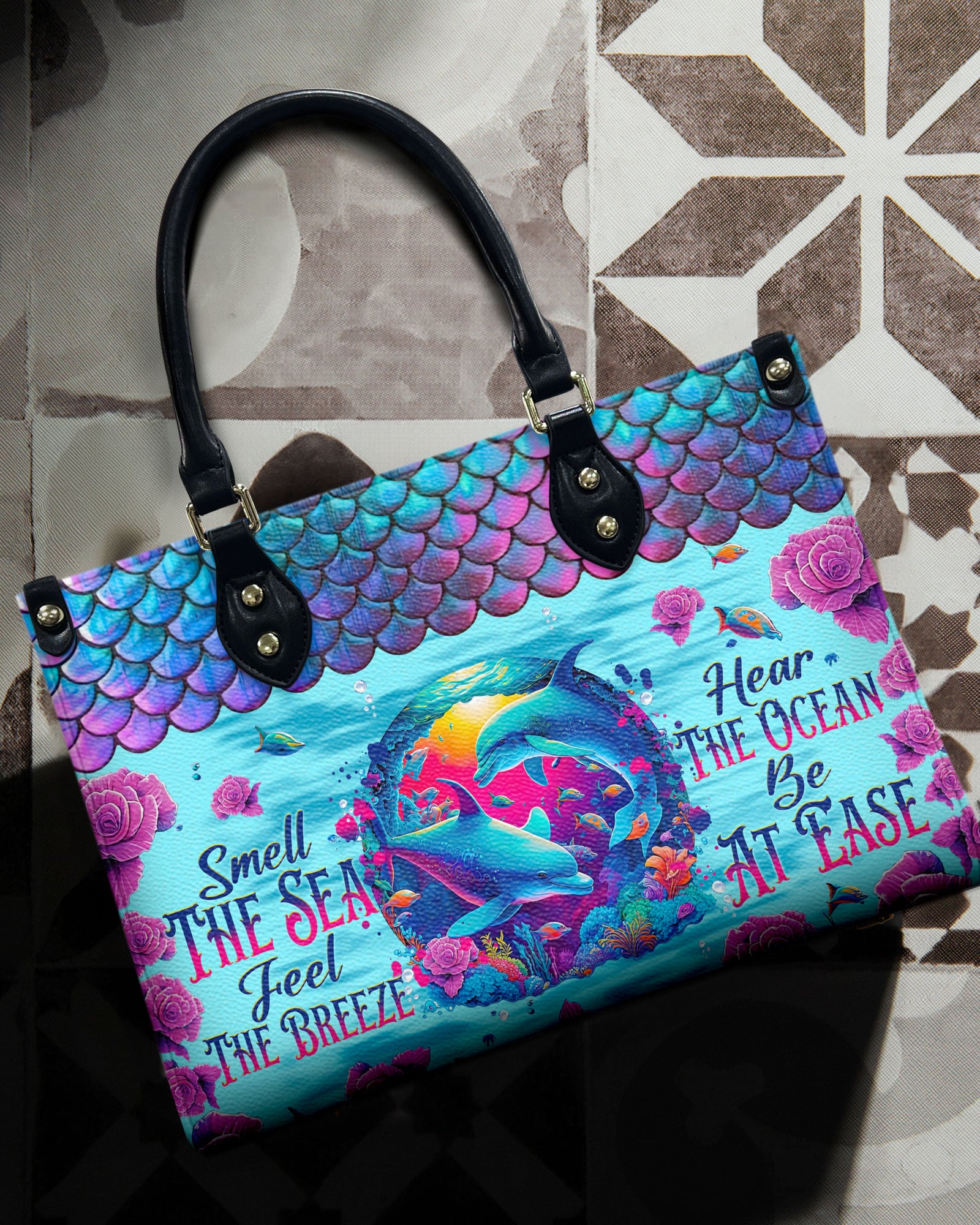 BLISSCORNERS SMELL THE SEA FEEL THE BREEZE DOLPHIN LEATHER HANDBAG