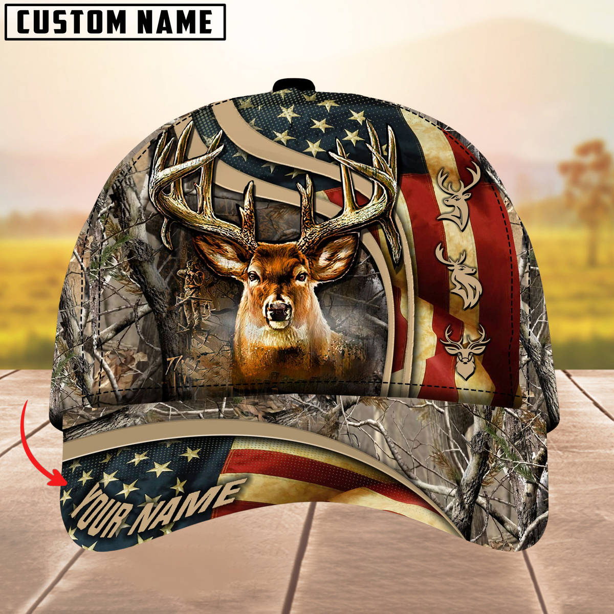 Blisscorners USA Flag Deer Hunting Camouflage Pattern Multicolor Personalized Name 3D Cap