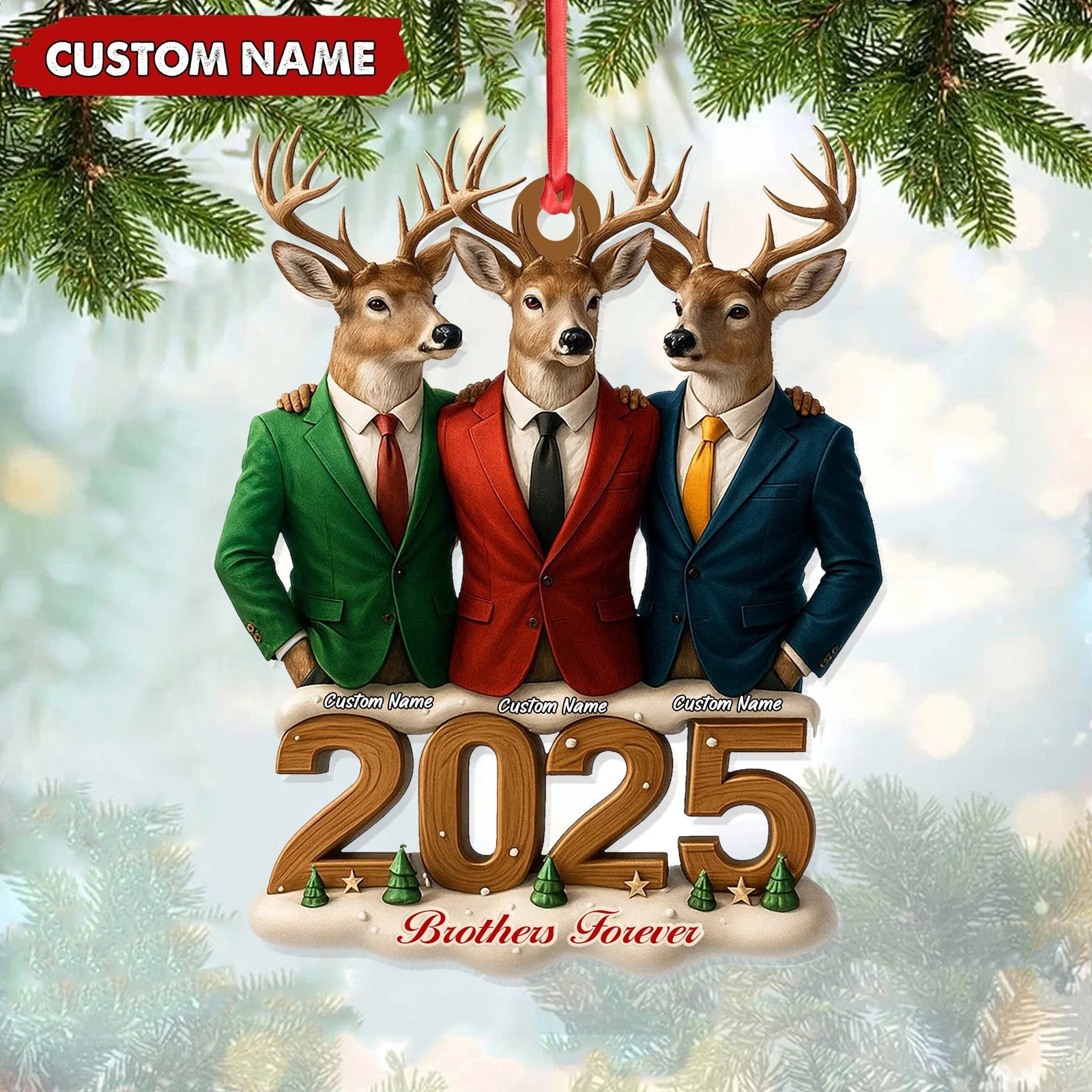 Blisscorners Personalized Brothers Forever 2025 Christmas Ornament, Custom Name Deer Trio in Suits, Funny Family Brother Gift Decor MT2411