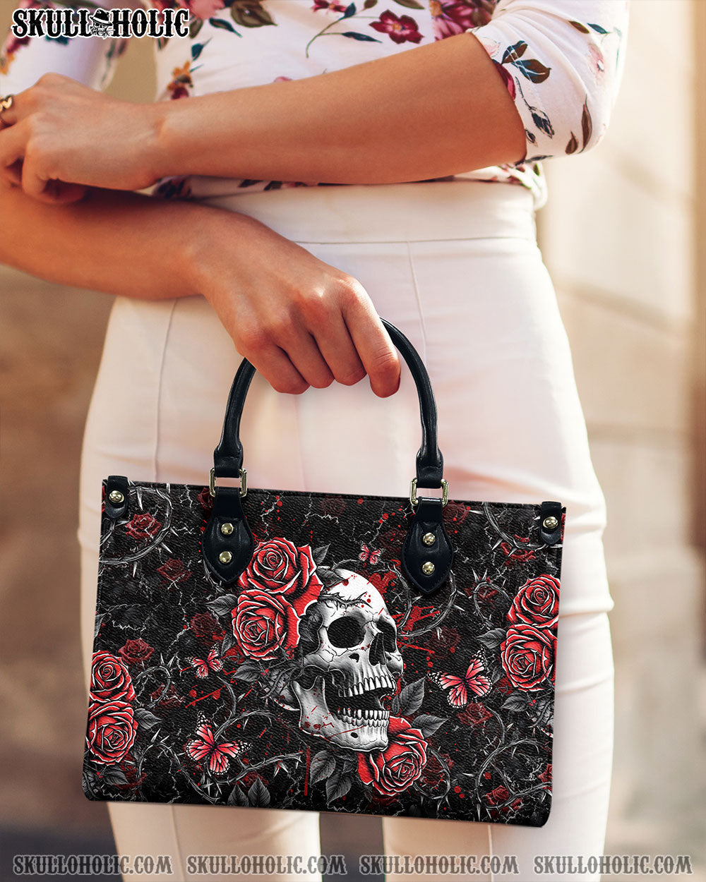BLISSCORNERS SKULL ROSES LEATHER HANDBAG