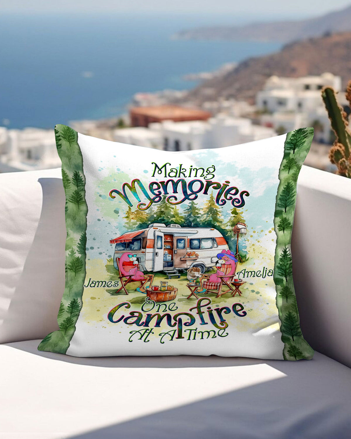 BLISSCORNERS PERSONALIZED MAKING MEMORIES ONE CAMPFIRE AT A TIME FLAMINGO PILLOW