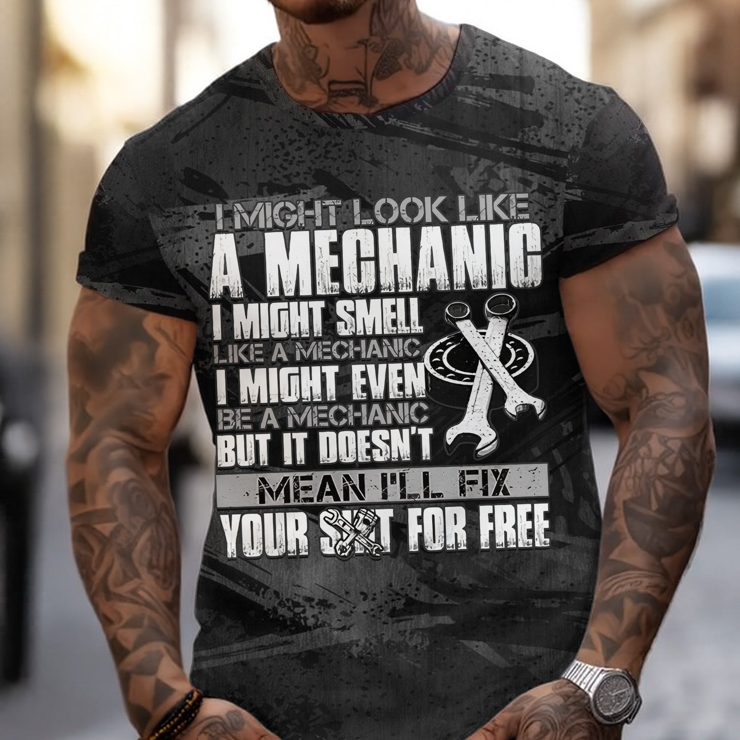 Blisscorners I Might Look Like A Mechanic But I Doesn't Mean I'll Fix For Free Shirt Funny Printed Vintage Mechanic Unisex T Shirt