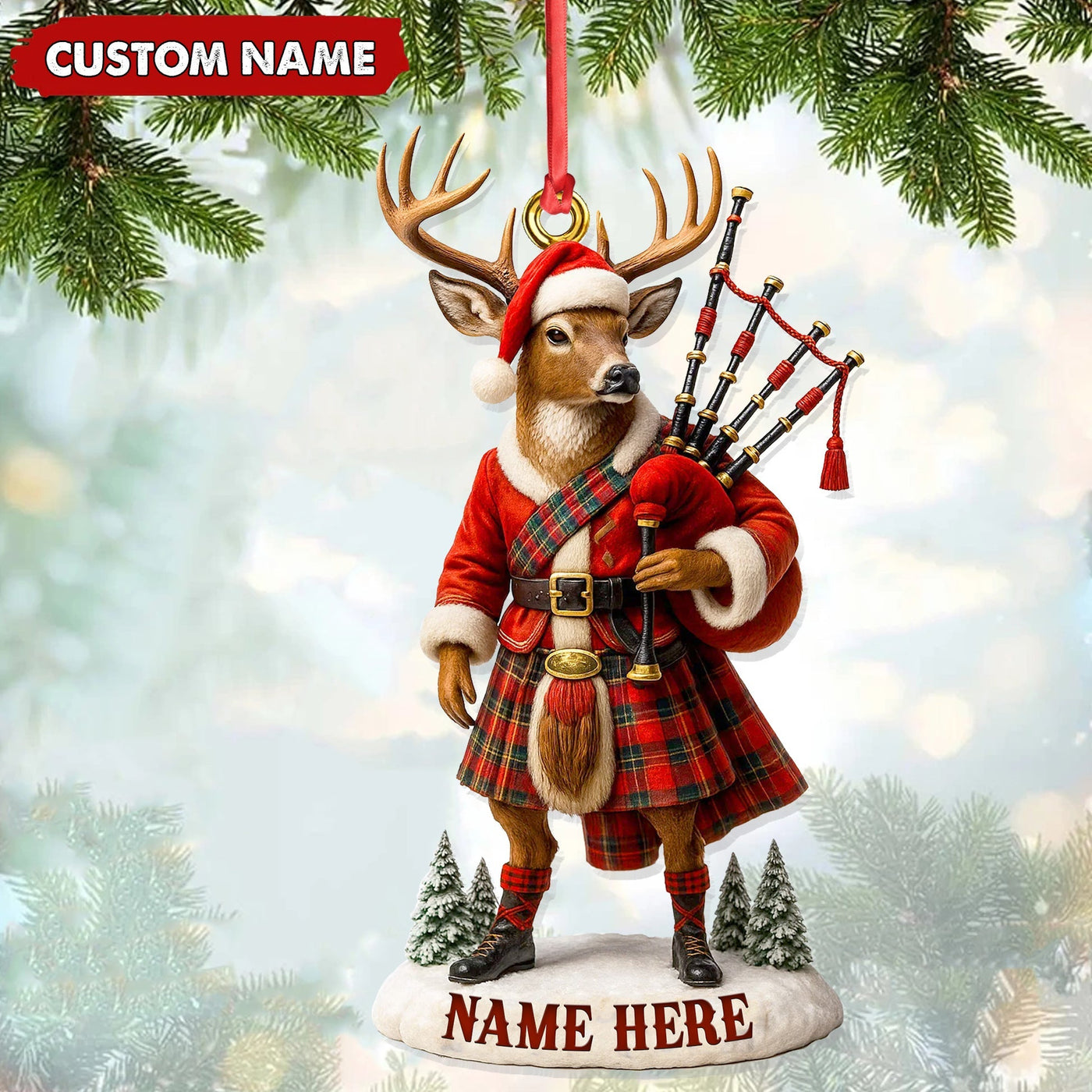 Blisscorners Personalized Scottish Deer Ornament, Custom Name Highland Bagpiper Christmas Decoration

 LM0411