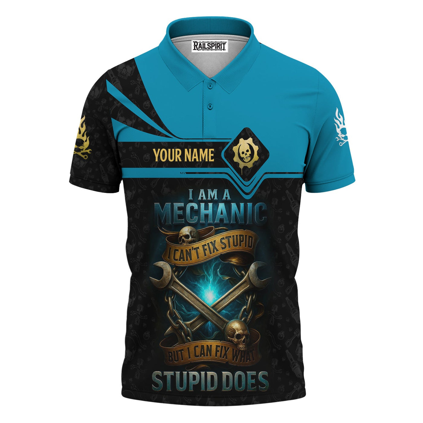 Blisscorners Personalized Mechanic Shirt, I Am A Mechanic I Can't Fix Stupid But I Can Fix What Stupid Does, Skull and Wreches Design, Gift For Men
