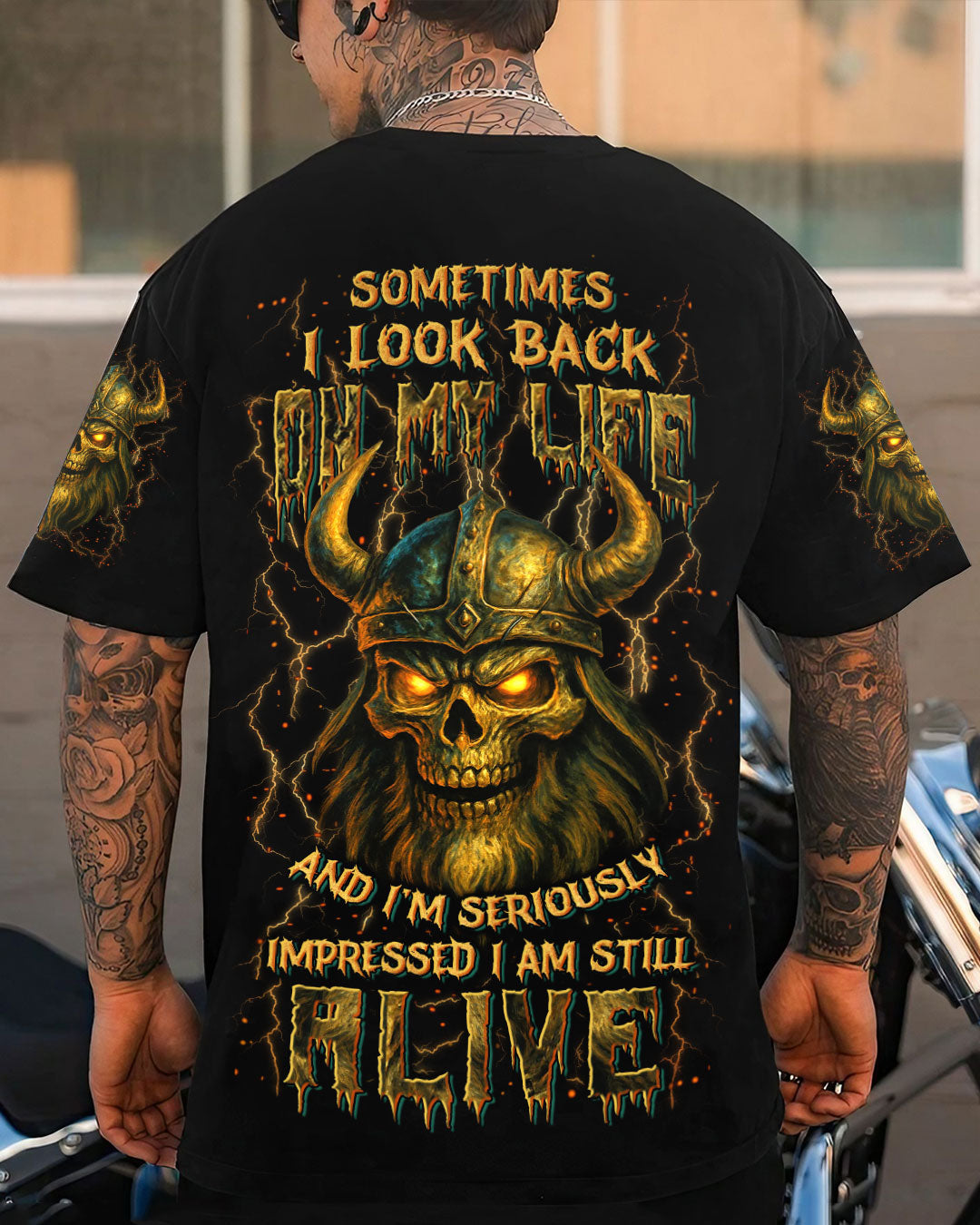 BLISSCORNERS SOMETIMES I LOOK BACK ON MY LIFE VIKING SKULL ALL OVER PRINT