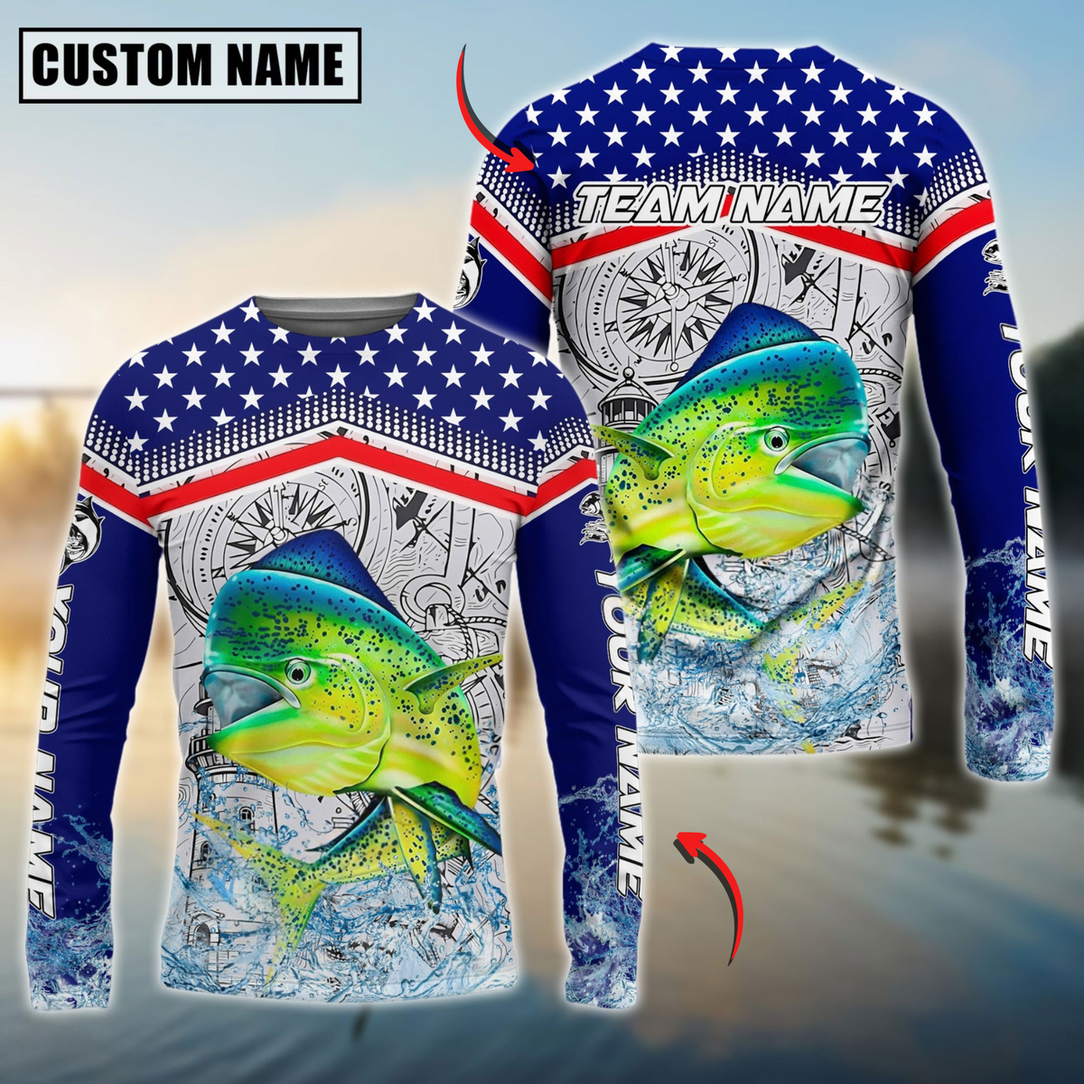 Blisscorners Mahi-Mahi Fishing American Anchor Compass Lighthouse Graphic Custom Name & Team Name 3D Shirts