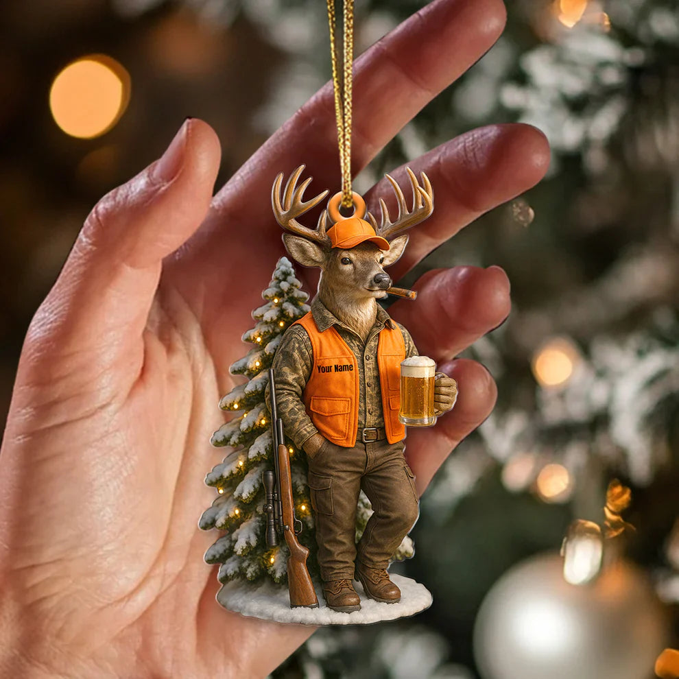 Blisscorners Deer Hunter Christmas Ornament, Custom Name Hunting Ornament, Beer & Buck Holiday Decor, Gift for Hunters and Outdoorsmen