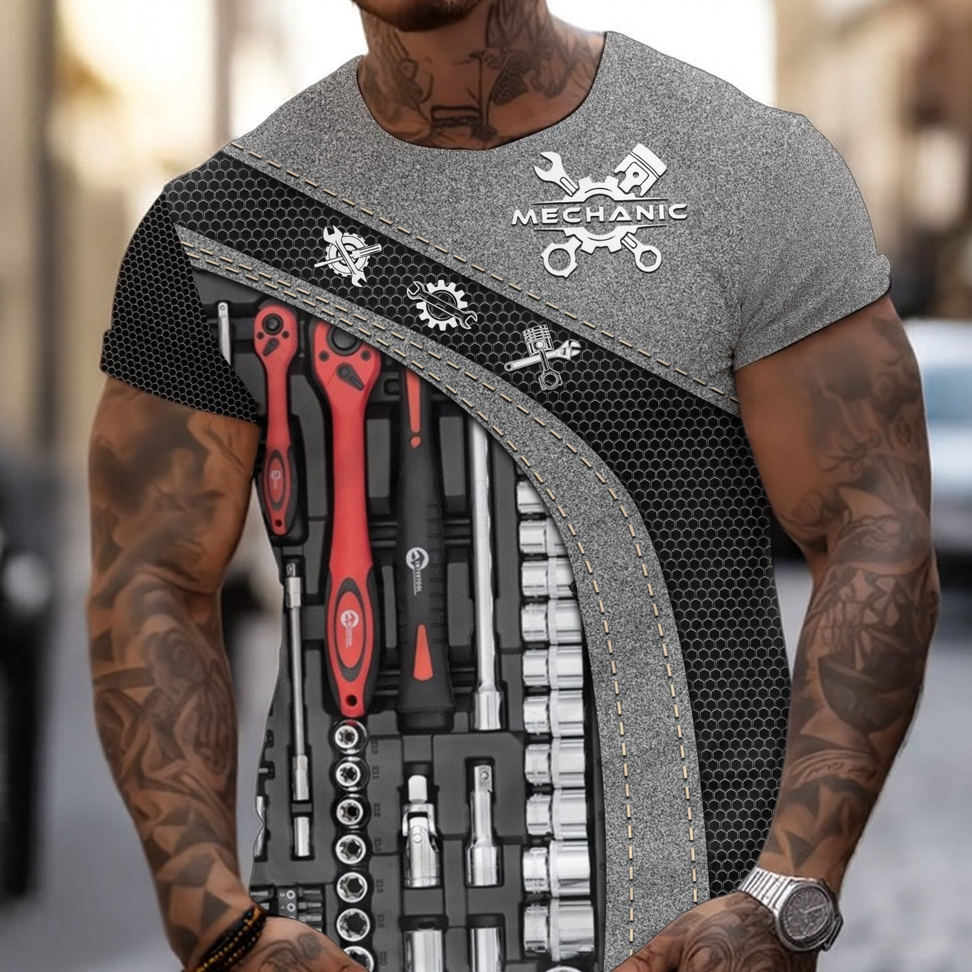 Blisscorners Mechanic Shirt Tools Design, Adjustable Wrench, Socket Set, Gear Icons, Cool Work Shirt For Men, Mechanics & Auto Enthusiasts, Perfect Gift