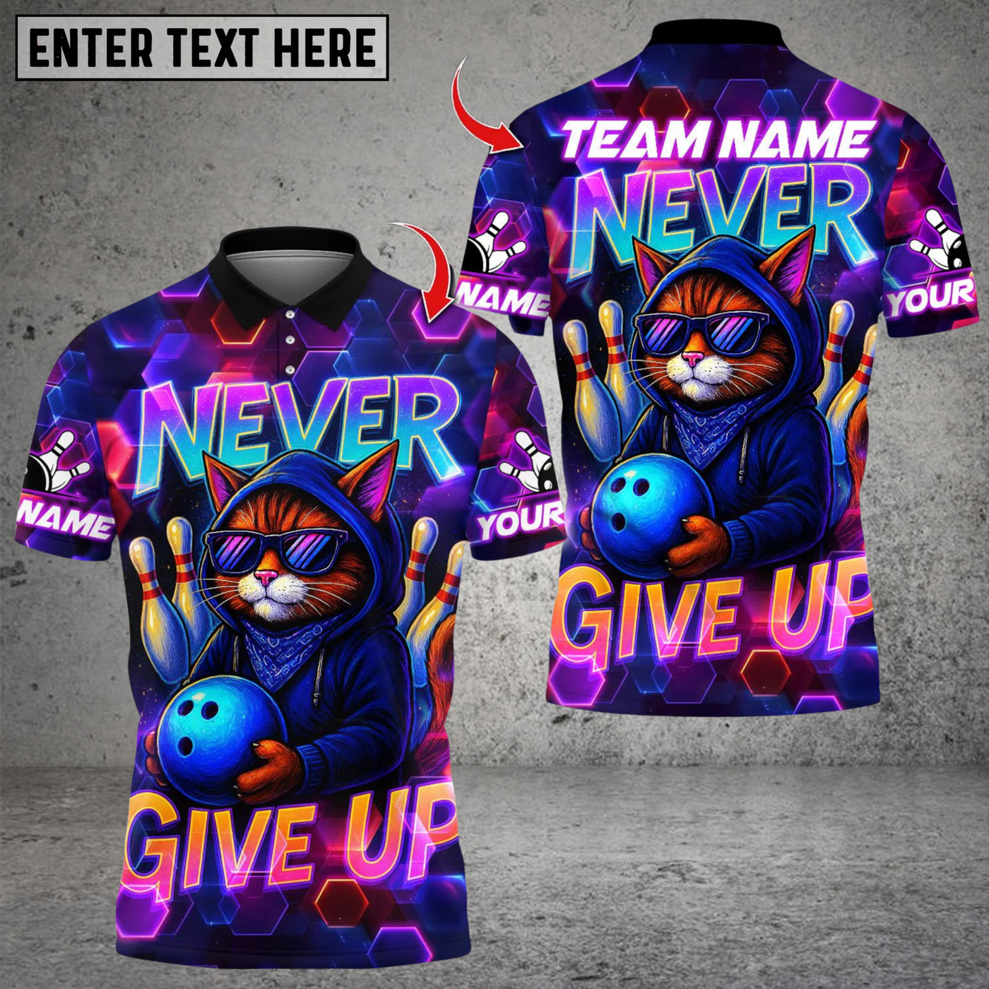 Blisscorners Never Give Up Cool Cat With Bowling Personalized Name 3D Unisex Shirt