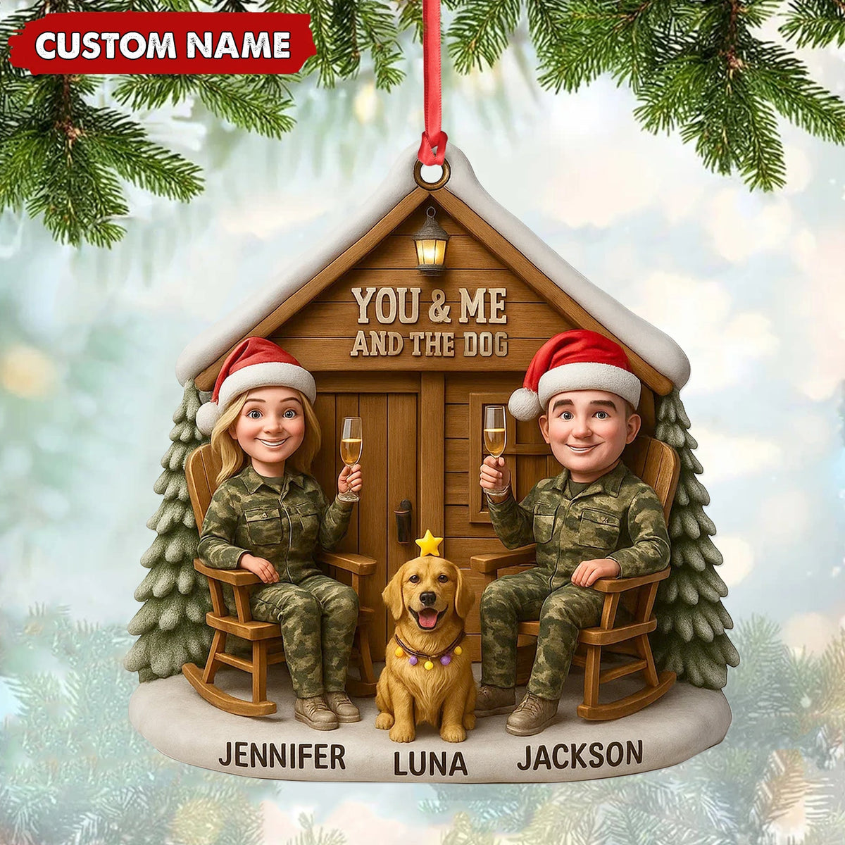 Blisscorners Personalized Hunter Couple Dog Christmas Ornament, Custom Name “You and Me and the Dog” Cabin, Cute Hunting Family Pet Lover Gift