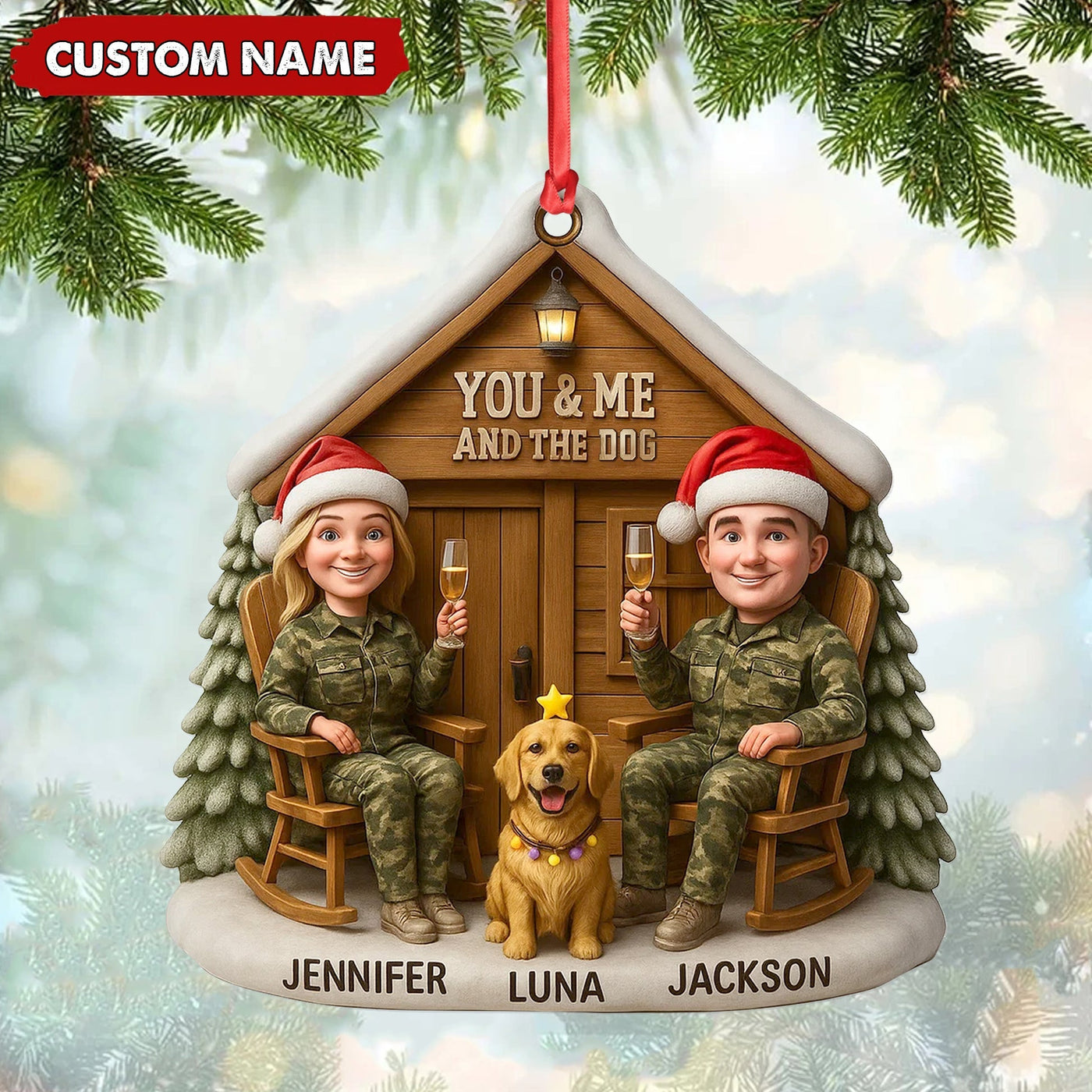 Blisscorners Personalized Hunter Couple Dog Christmas Ornament, Custom Name -You and Me and the DogCabin, Cute Hunting Family Pet Lover Gift