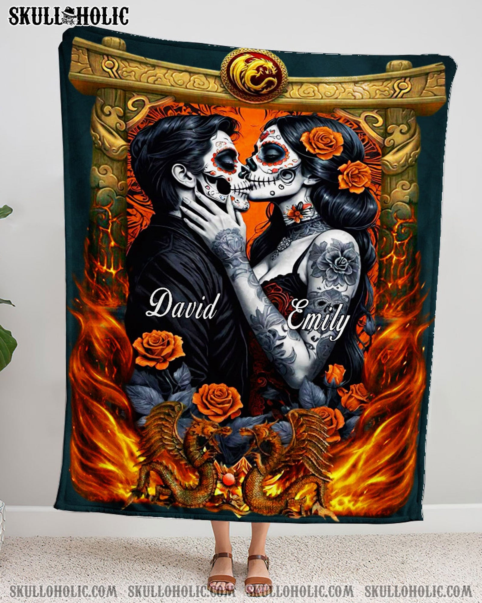 BLISSCORNERS PERSONALIZED SKULL COUPLE FLEECE BLANKET