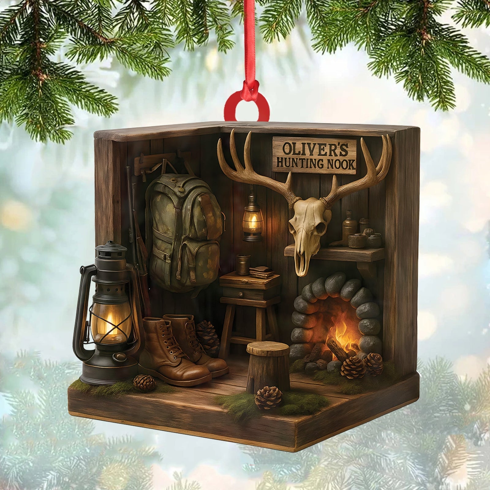 Blisscorners Personalized Hunting Cabin Ornament, Custom Name Deer Antler Lodge Christmas Decoration LM0411