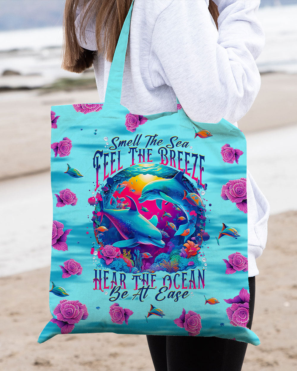 BLISSCORNERS SMELL THE SEA FEEL THE BREEZE DOLPHIN TOTE BAG