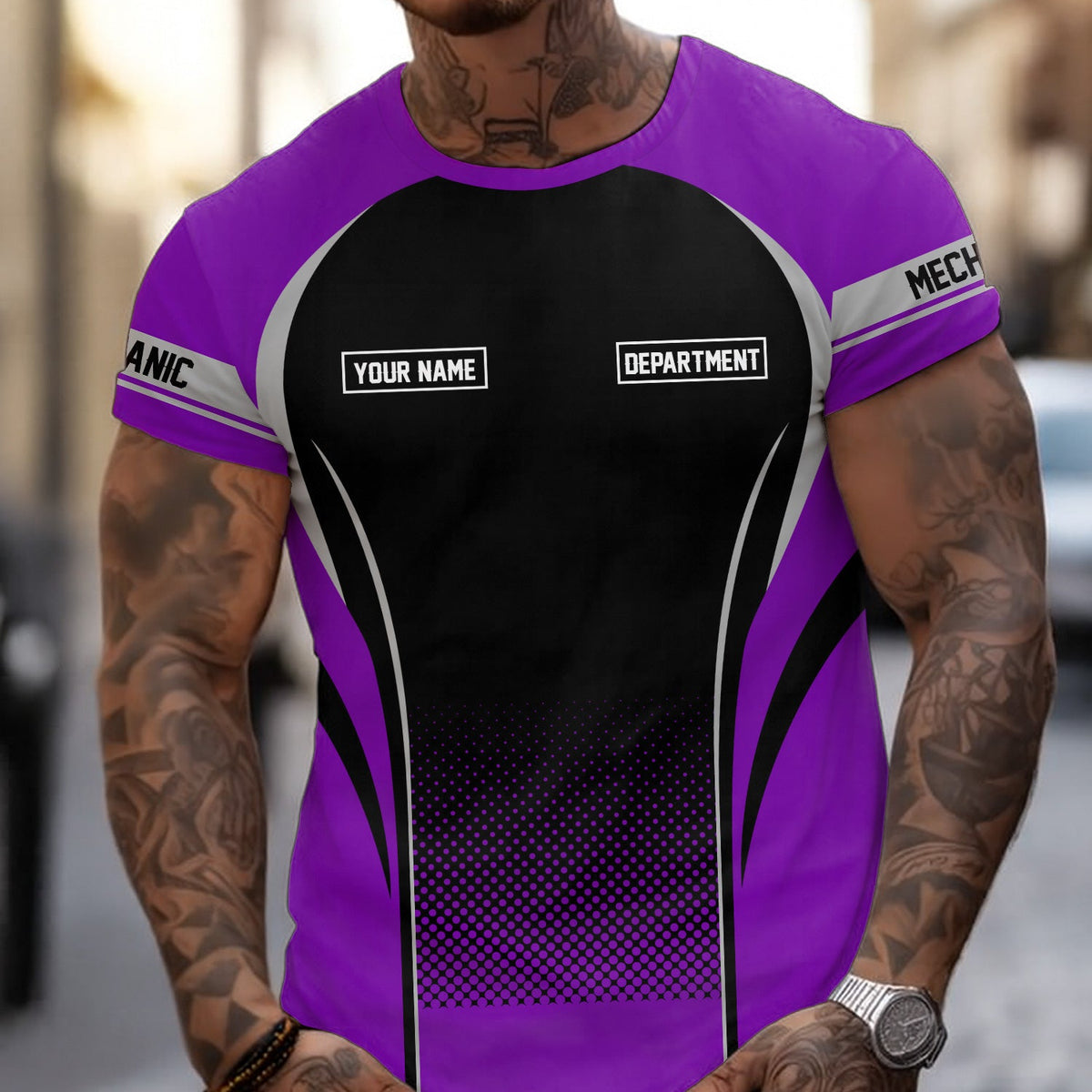 Blisscorners Custom Mechanic Shirt, Personalized Work Uniform, Custom Name & Department, Cool Mechanic Graphic Tee, Purple Engine Skull Design