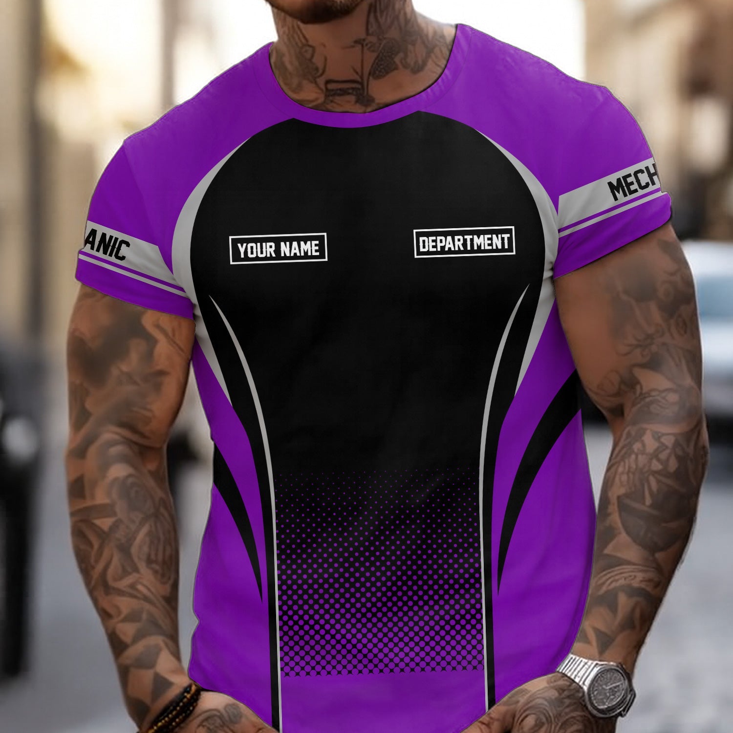 Blisscorners Custom Mechanic Shirt, Personalized Work Uniform, Custom Name & Department, Cool Mechanic Graphic Tee, Purple Engine Skull Design