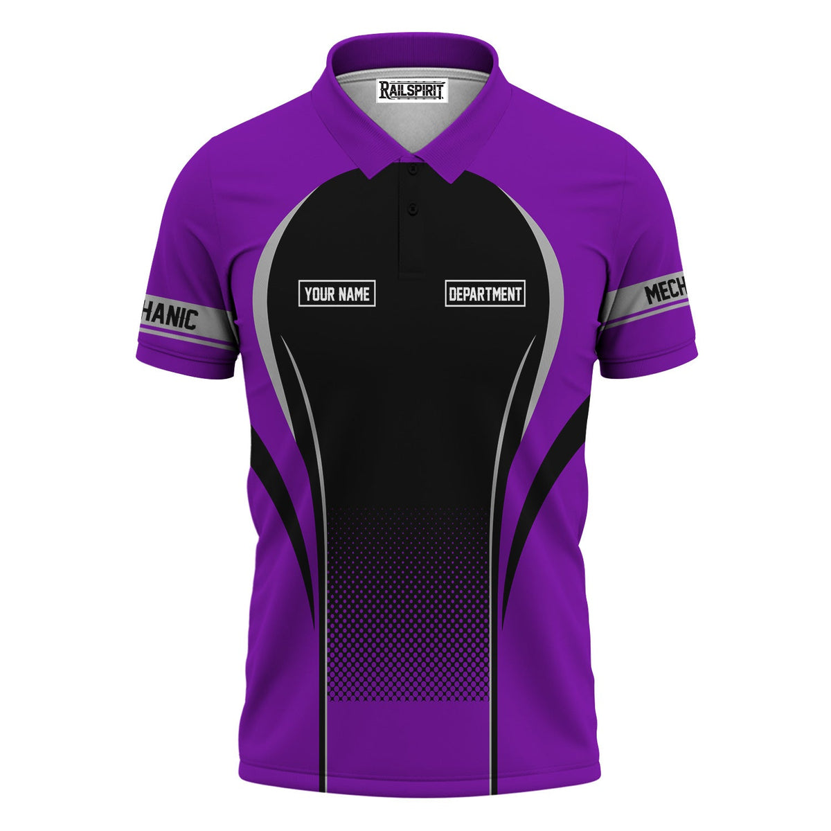 Blisscorners Custom Mechanic Shirt, Personalized Work Uniform, Custom Name & Department, Cool Mechanic Graphic Tee, Purple Engine Skull Design