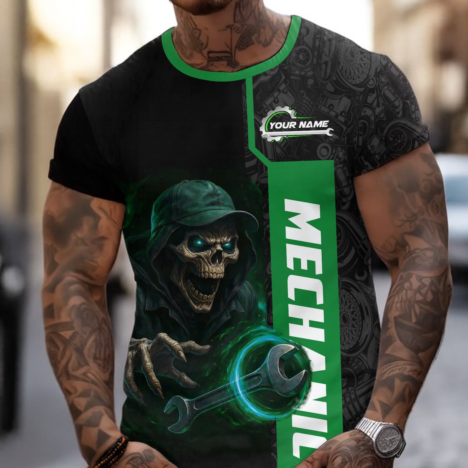 Blisscorners Personalized Mechanic Shirt for Men, Custom Name & Text, Skull & Wrench Design, Cool Mechanics Gift for Father, Husband, DIY Enthusiasts