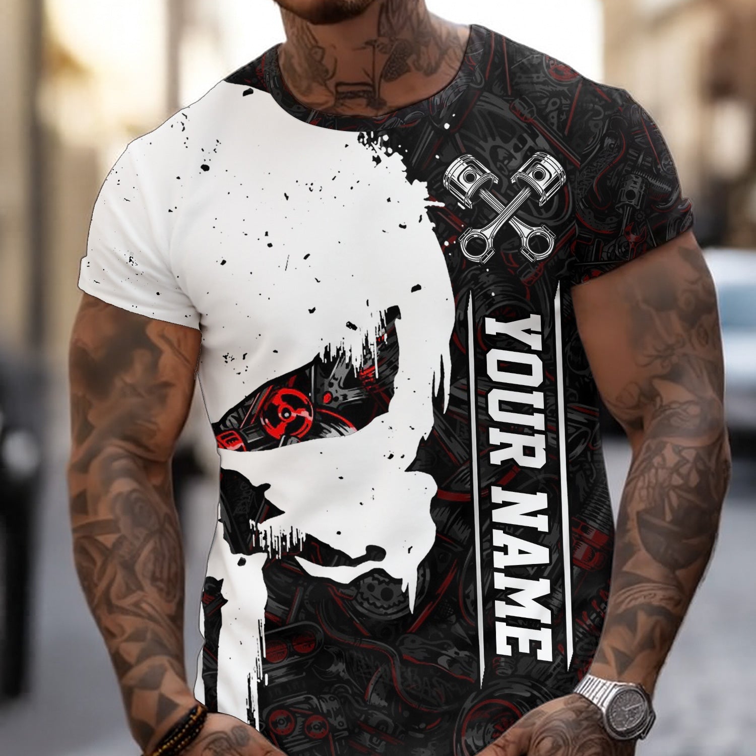 Blisscorners Personalized Mechanic Skull Shirt, Unique Gear Design, Gift for Mechanics & Motorheads, Funny Skull Shirt