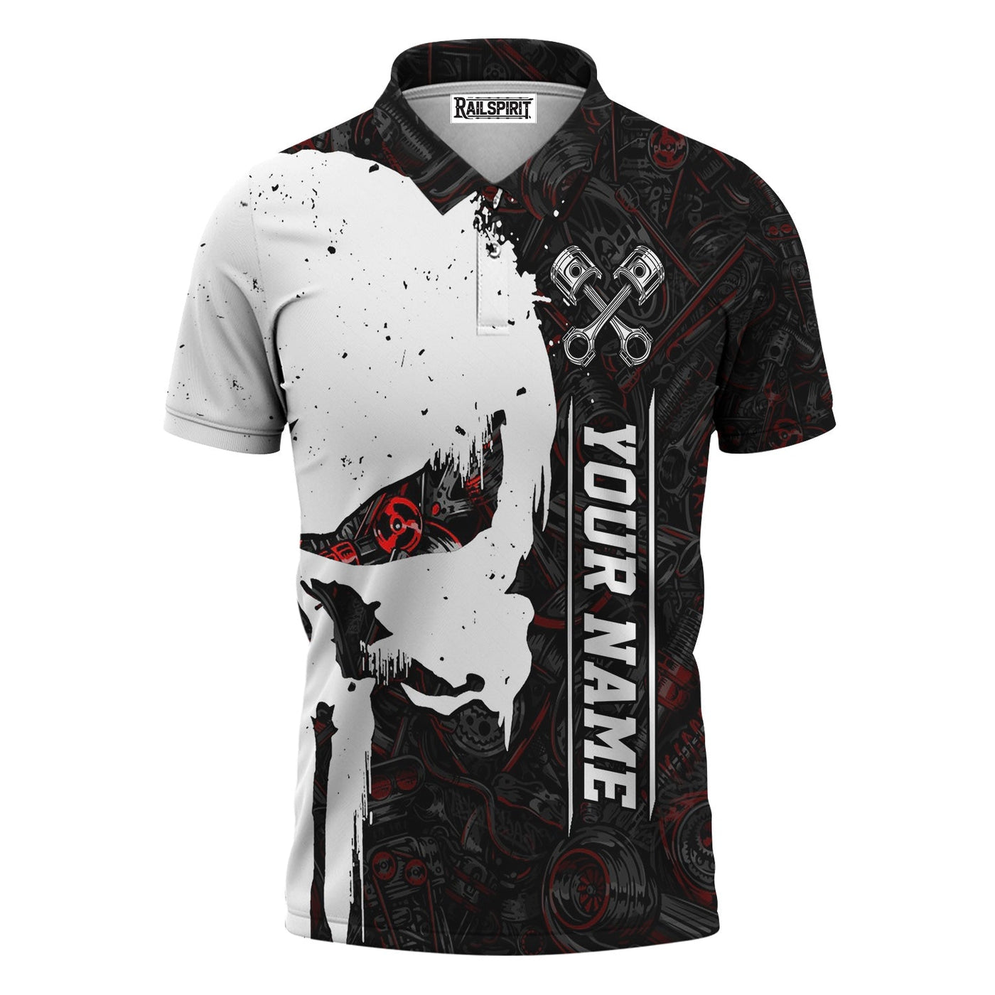 Blisscorners Personalized Mechanic Skull Shirt, Unique Gear Design, Gift for Mechanics & Motorheads, Funny Skull Shirt
