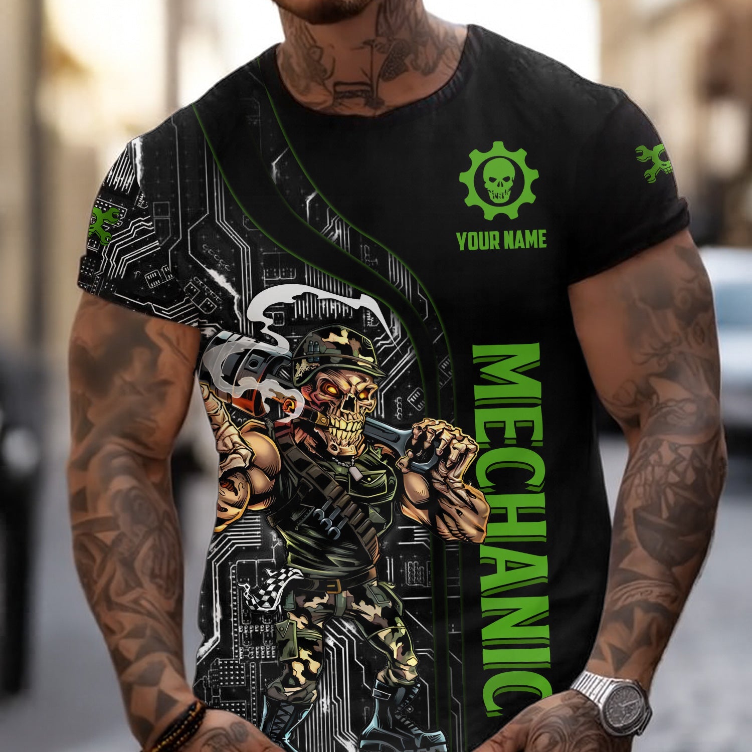 Blisscorners Personalized Mechanic T Shirt Custom Name Skull Wrench Auto Repair Garage Workwear Tee Funny Car Repair Shirt Gift for Men Dad Husband
