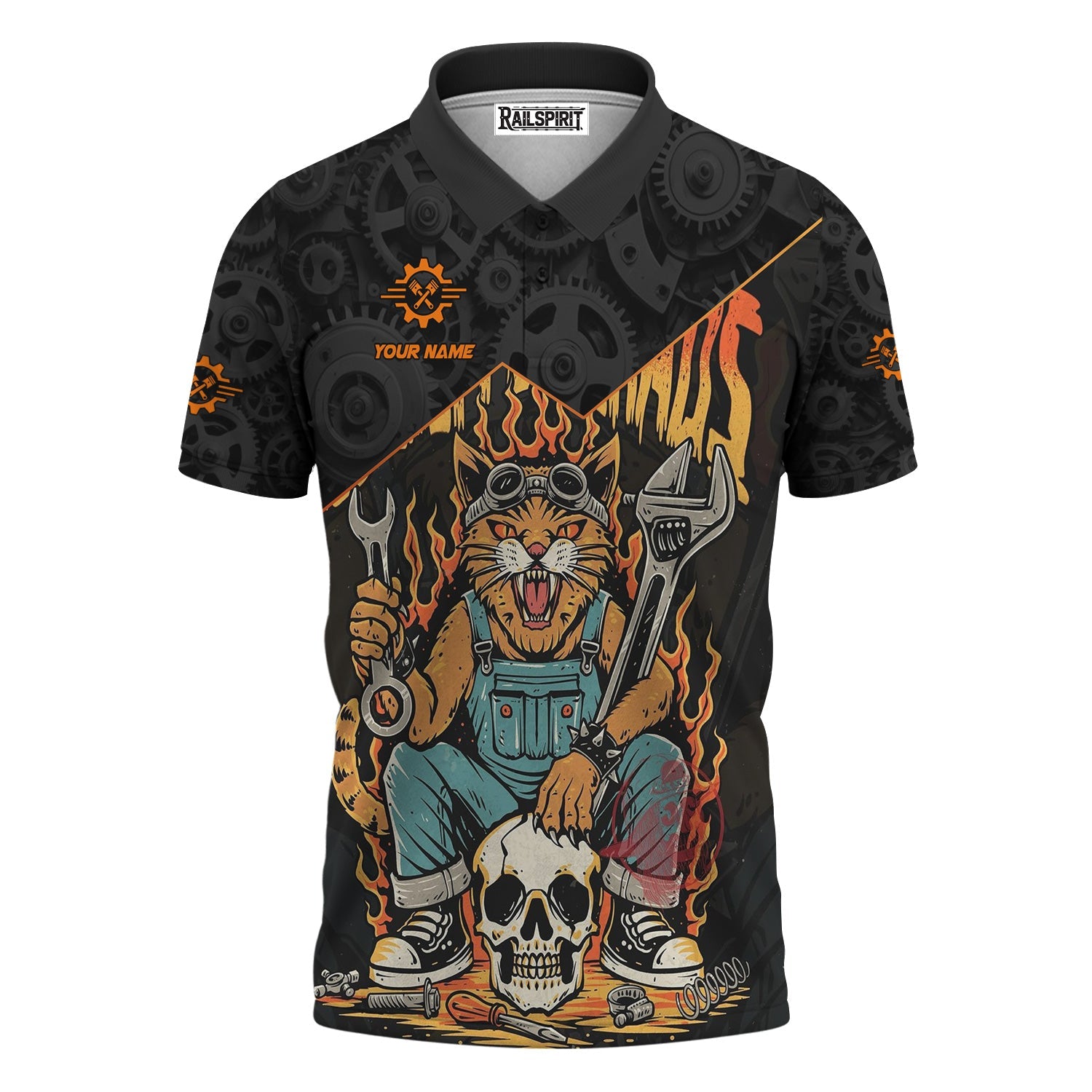 Blisscorners Personalized Mechanic Shirt Custom Name Funny Cat Skull Wrench Flames Auto Repair Garage Workwear Tee Car Repair Shirt Gift For Men Dad