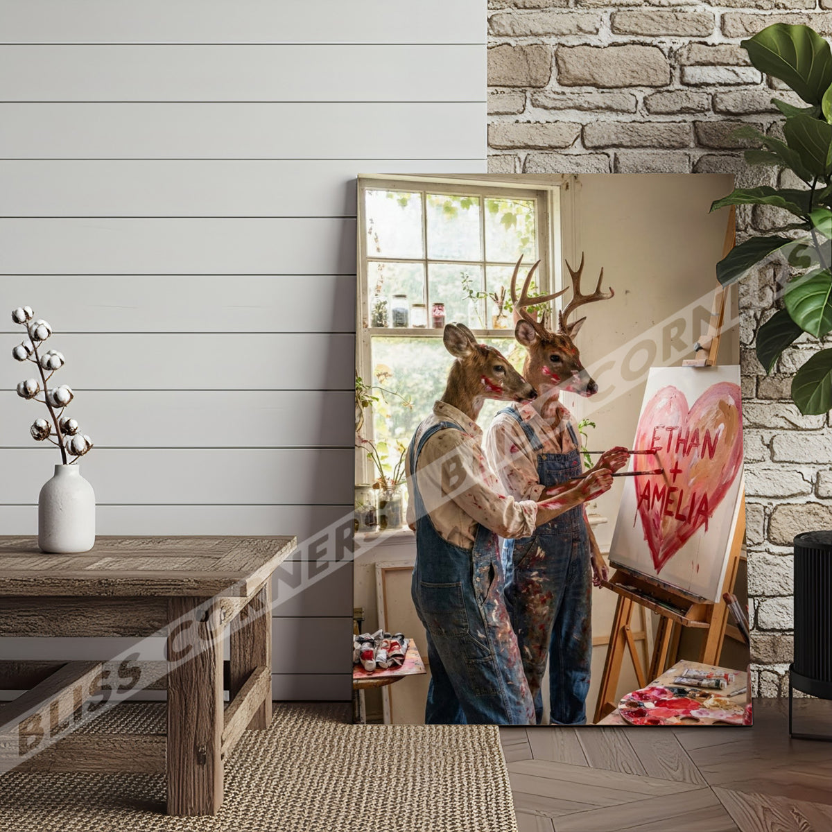 Blisscorners Deer Couple Painting Heart Art Studio Personalized Name Canvas