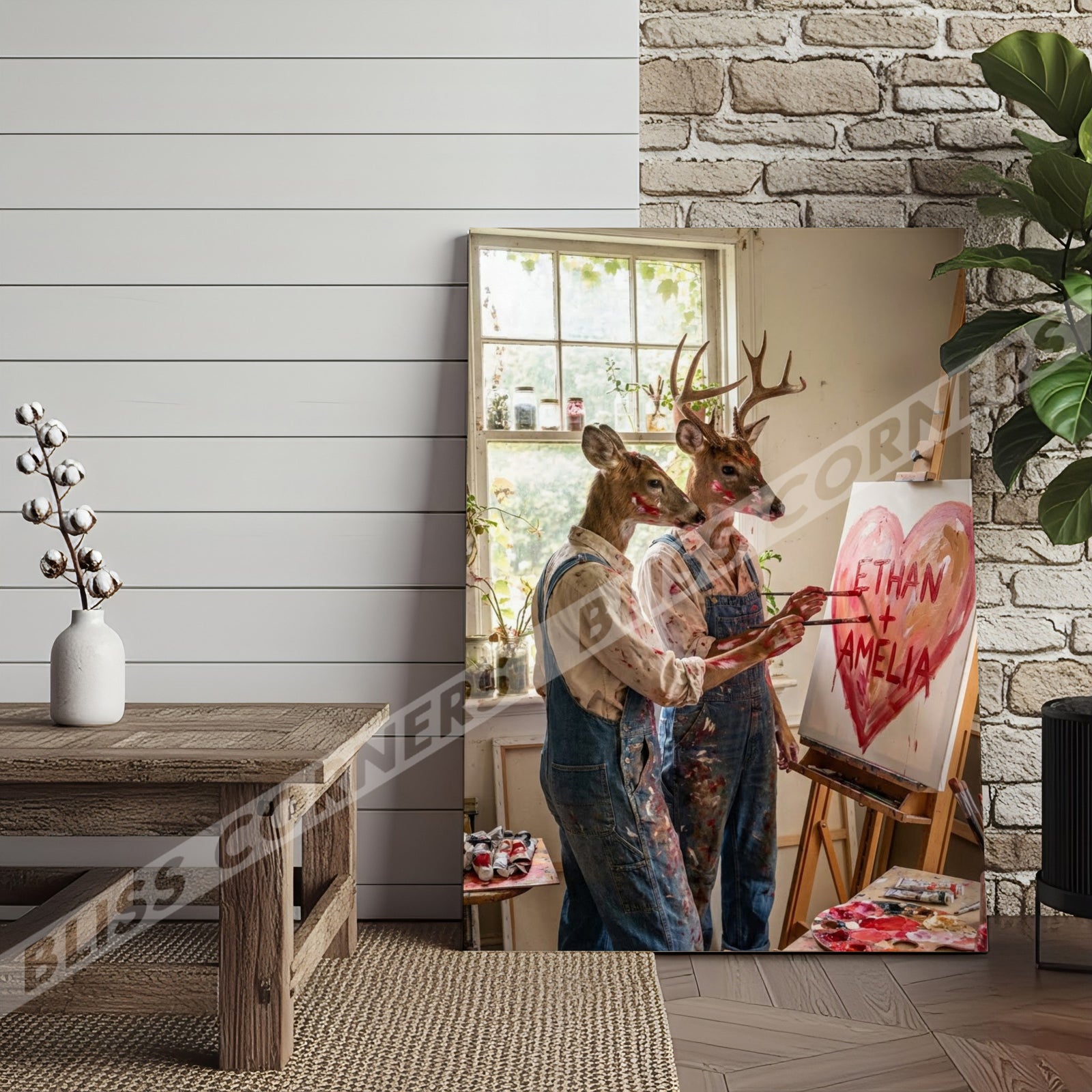 Blisscorners Deer Couple Painting Heart Art Studio Personalized Name Canvas