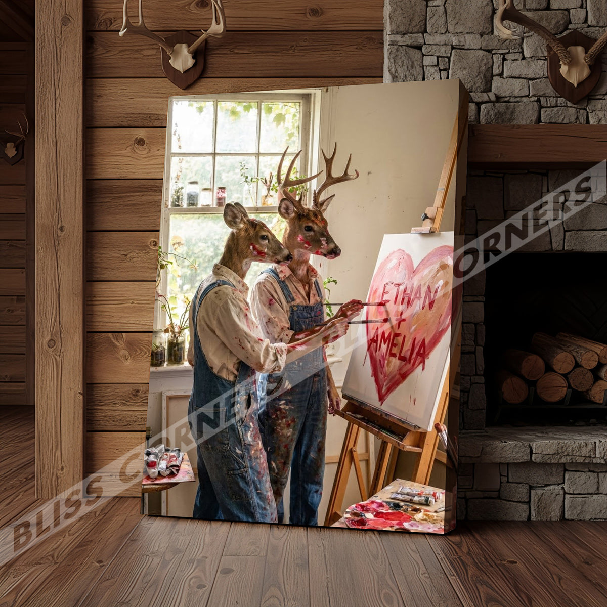 Blisscorners Deer Couple Painting Heart Art Studio Personalized Name Canvas