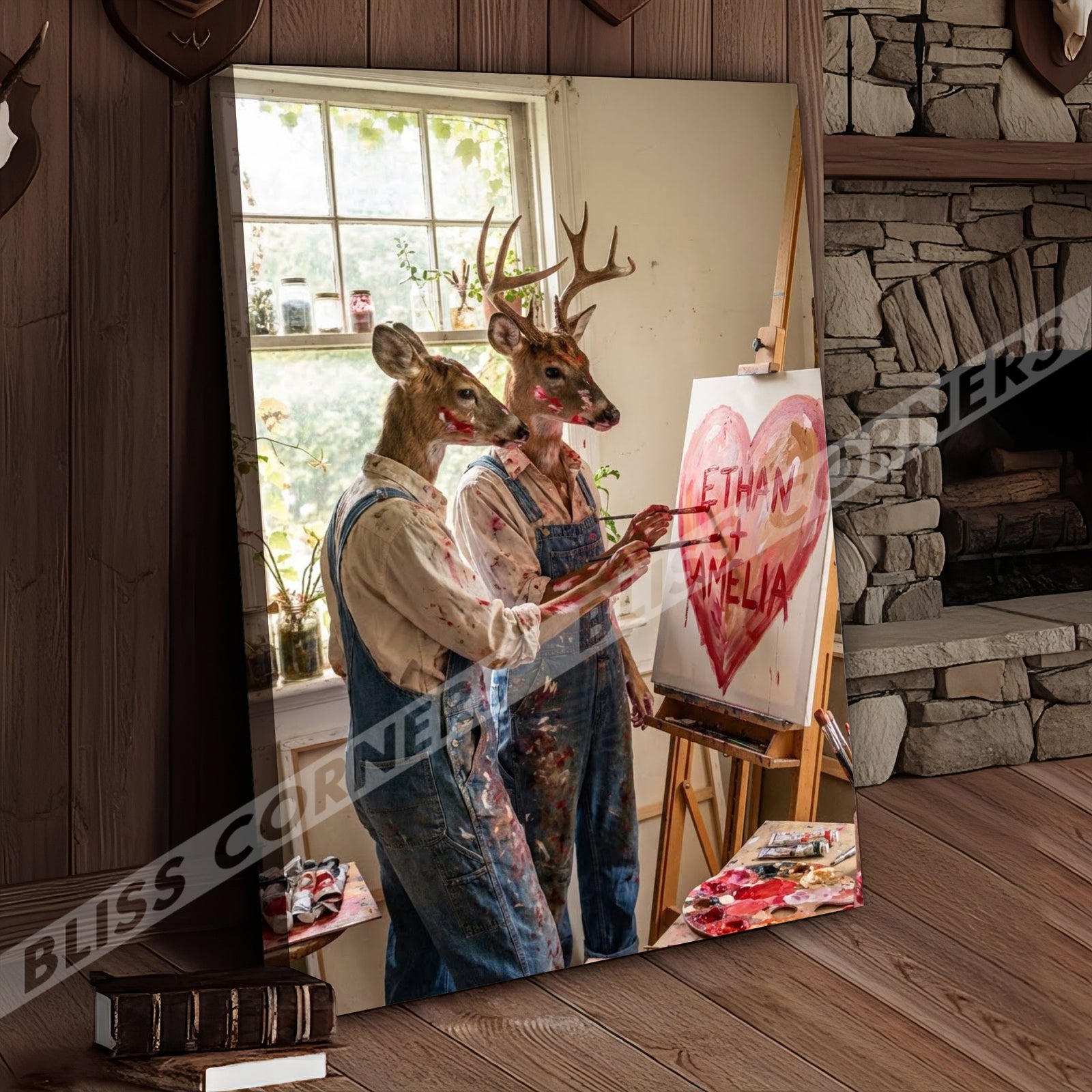 Blisscorners Deer Couple Painting Heart Art Studio Personalized Name Canvas