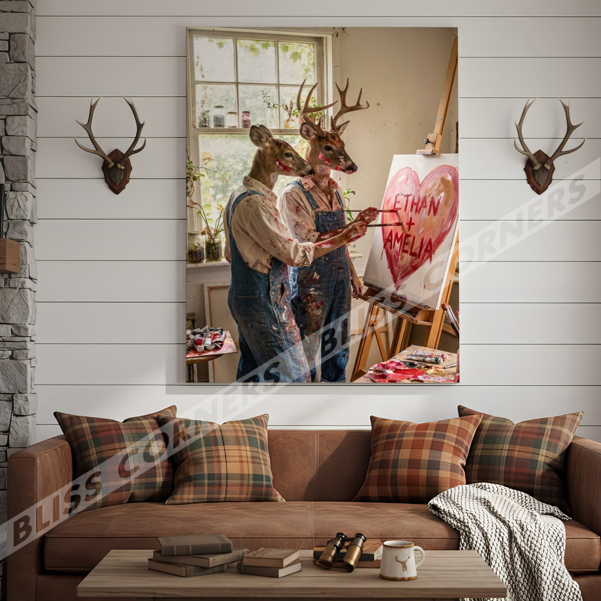 Blisscorners Deer Couple Painting Heart Art Studio Personalized Name Canvas
