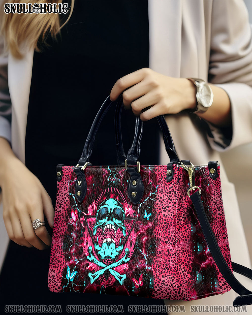 BLISSCORNERS SKULL BONES LEOPARD LEATHER HANDBAG