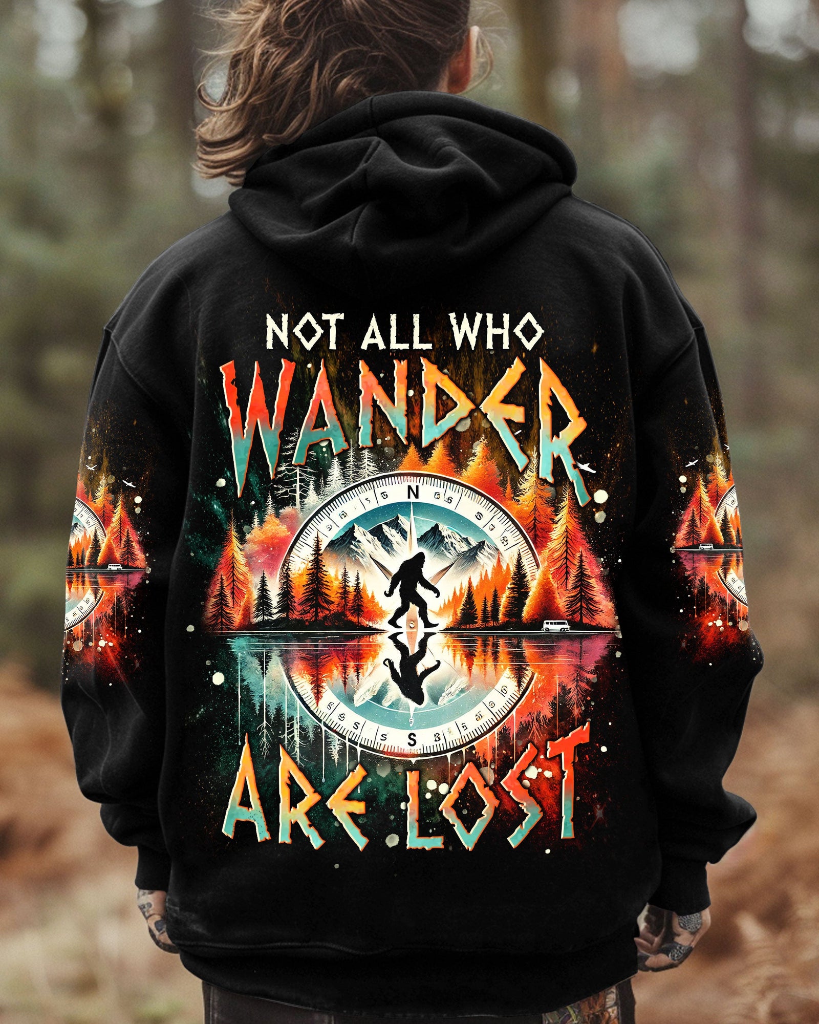 BLISSCORNERS NOT ALL WHO WANDER ARE LOST BIGFOOT COMPASS ALL OVER PRINT