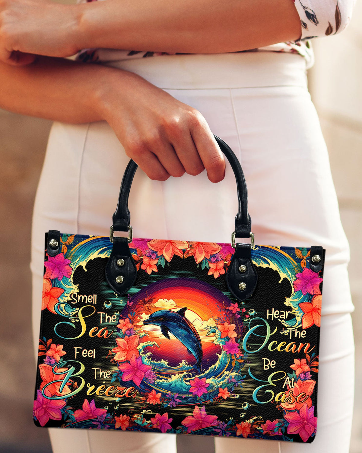 BLISSCORNERS SMELL THE SEA FEEL THE BREEZE DOLPHIN LEATHER HANDBAG