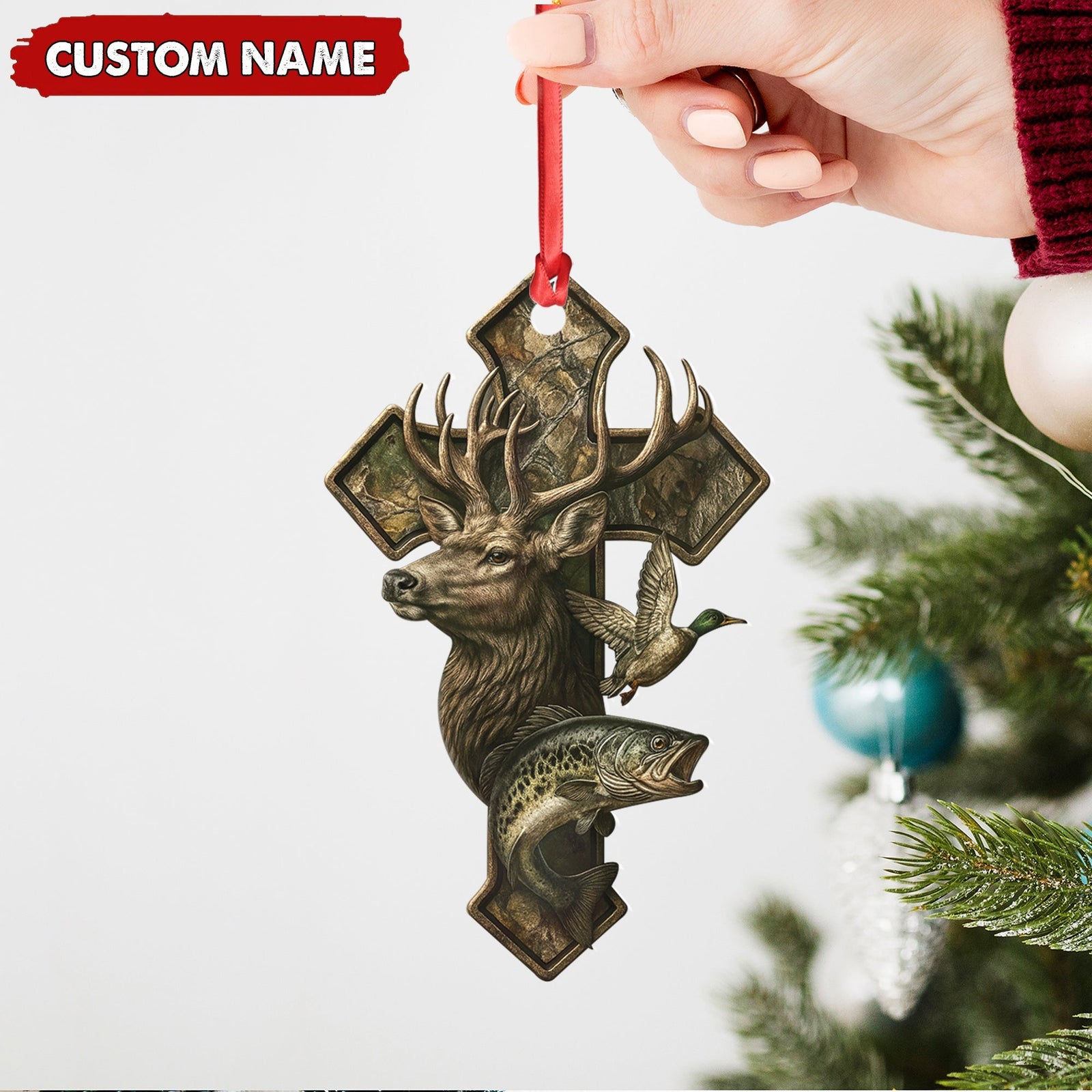 Blisscorners Personalized Hunter Acrylic Ornament - Deer, Duck & Fish Cross Design for Christmas Tree Decor LM0411