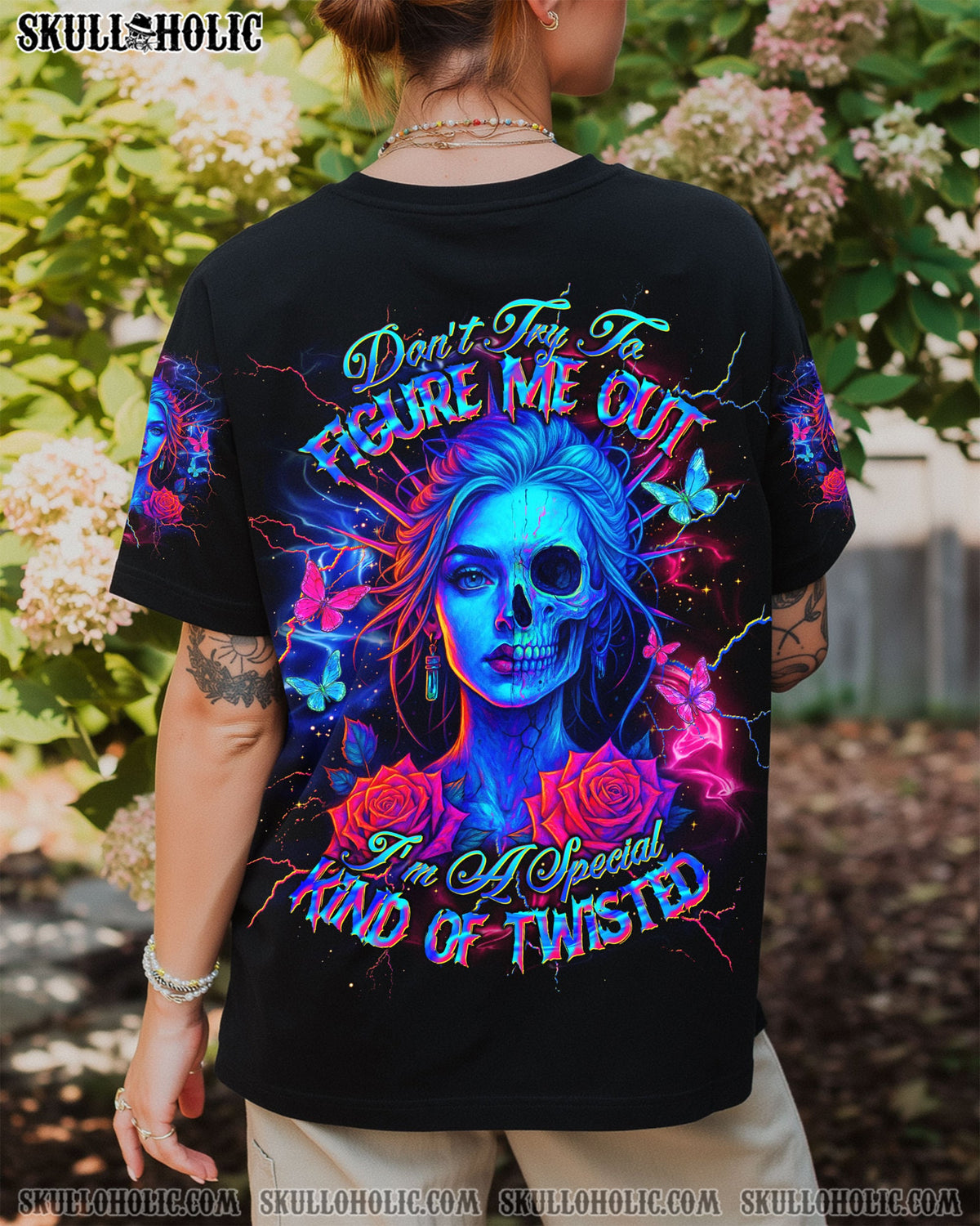 BLISSCORNERS DON'T TRY TO FIGURE ME OUT SKULL HALF LADY ALL OVER PRINT