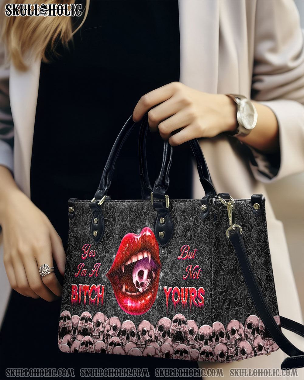 BLISSCORNERS YES I'M A B BUT NOT YOURS SKULL LIPS LEATHER HANDBAG